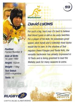 2003 Kryptyx The Defenders Australian Rugby Union #93 David Lyons Back